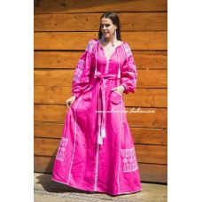 Boho Style Embroidered Long Dress Pink with White Embroidery
